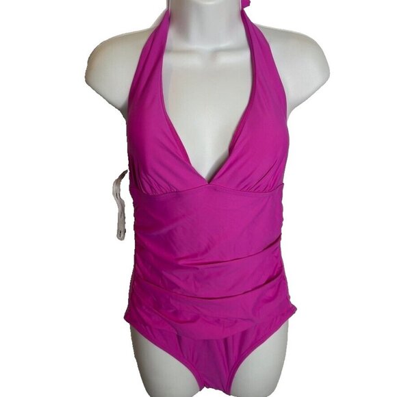 Dkny Women's Tie-Back Halter-Style One-Piece Swimsuit - Carnation Pink Size L - Picture 2 of 7